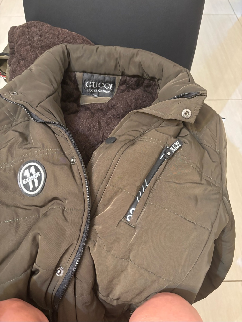 Gucci Woman’s Olive Brown Quilted Puffer 3/4 Jacket w/ Zip Hoodie Heavy Winter